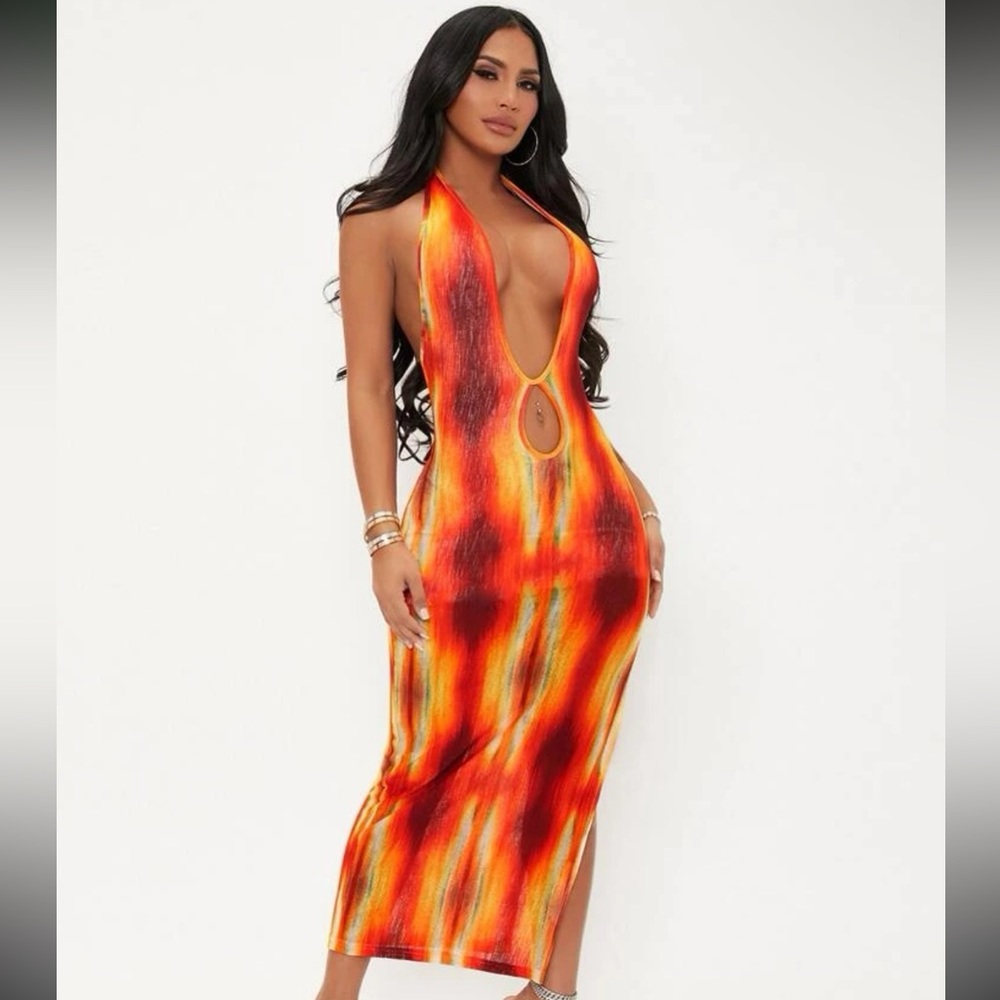 Colorful Print Cut Out Tie Backless Halter Dress